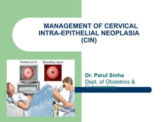 MANAGEMENT OF CERVICAL
INTRA-EPITHELIAL NEOPLASIA
(CIN)
Dr. Parul Sinha
Dept. of Obstetrics &
Gynaecology
 