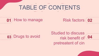 How to manage
Drugs to avoid
Risk factors
Studied to discuss
risk benefit of
pretreatent of cin
TABLE OF CONTENTS
01
03
02
04
 