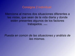 Consigna 2 individual:

Menciona al menos dos situaciones diferentes a
 las vistas, que sean de la vida diaria y donde
    estén presentes algunos de los factores
                 trabajados.(15min)




Puesta en común de las situaciones y análisis de
                las mismas.
 