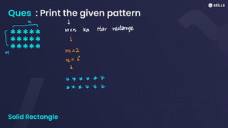 Ques : Print the given pattern
*****
*****
*****
Solid Rectangle
n ↓
-
mxy ka star rectange
I 1
m
=
2
M
n = 6
↓
* * *
* * X
& A & H Y A
 