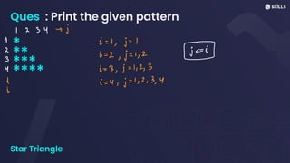 Ques : Print the given pattern
*
**
***
****
Star Triangle
I 23 Y -j
I i
=
1,j =
1
1
2
jc
=
l
3
i
=
2,j =
1,2 E
Y i =
3,j
=
1,2,3
I i =
4,j
=
1,2,3,4
I
 