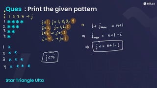 Ques : Print the given pattern
****
***
**
*
Star Triangle Ulta
↓
I I 234sj
I
i =
1, j
=
1,2,3,4
2
i
=
2,j =
1,2,3
-
it
jmax =
n+1
3
Y
i
=
3ej =
1,2
=> Imax =
n+ 1 -
i
i =
4,1j=
1
I *
-1-
i
2* *
E
3 a* * jc
=
1
y * * * a
 