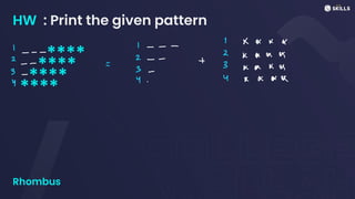 HW : Print the given pattern
****
****
****
****
Rhombus
I X & & X
I
I -
-
2
- - -
2 - -
t
2
x x x &
- -
- 3 x a x a
3 -
Y &
-
Y x & & &
y
 