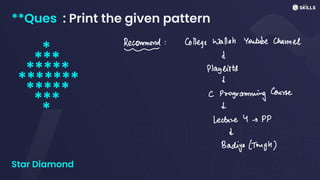 **Ques : Print the given pattern
*
***
*****
*******
*****
***
*
Star Diamond
Recommend !
College Wallah Youtube Channel
-
d
playlists
d
c
Programming
Course
↓
Lecture 4-PP
L
Badiya (Tough)
 