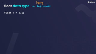 float data type
float x = 3.1;
Storing
- Real Numbers
 