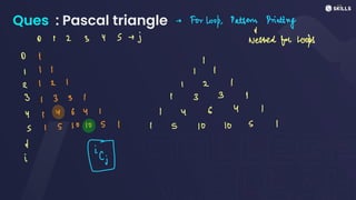 Ques : Pascal triangle ~ For Look, Pattern
printing
D
O 12345 ej Nested for roofs
0 I
I 1 I ,
I 2 I I 2 I
↳ 133 I I 33 1
Y 146y I I Y
I
S I S 10 10 S I I is
" S I
d
I
e;
 