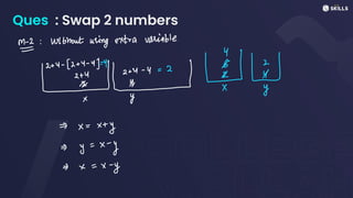 Ques : Swap 2 numbers
M-2 - without
using extra variable
-
-
Y
2
+
Y
-
Lie
2 +
Y
2
X My
X
y
X y
=>
x =
x+
y
=>
y
=
x
-
y
I x
=
x -
y
 