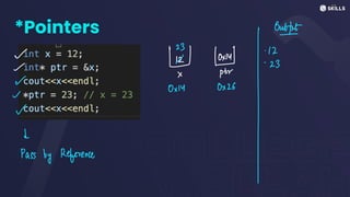 *Pointers
Outfit
3
12
~ 23
X ptr
~
W ⑲
I
-
-
~
Ox1Y 0x26
~
W
↓
Pass by Reference
 