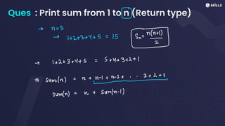 Ques : Print sum from 1 to n (Return type)
E
-> n =
5
->
1+
2+
3+
4 +
5
=
15
+
-> 1 +
2 +
3 +
4+
3
=
5 +
4+
3+
2 +
1
=>
sum(r)
=
n +
..3
+
2 +
1
sum(n) =
n
+
sumi-1)
 