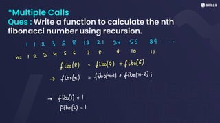*Multiple Calls
Ques : Write a function to calculate the nth
fibonacci number using recursion.
1123381321345589 . .
n
=
12345678
9 10 11
fibo(8)
=
fibo(z) +
fibols)
-> fibo(n)
=
fiboln-1) +
fiboln-2);
-> fibo() =
1
fibo(2) =
1
 