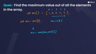 Ques : Find the maximum value out of all the elements
in the array. 0 1 2 3 4
intarr[] =
[1,5,6,4,33;
-
intrx =
arr[O]; mx = 56
d
mx
=
max(mx, arr(i])
 
