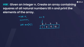 HW : Given an integer n. Create an array containing
squares of all natural numbers till n and print the
elements of the array.
-> int ni n
=
4
cinn;
↓
intains;
9/10
 