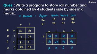 Ques : Write a program to store roll number and
marks obtained by 4 students side by side in a
matrix.
4 students -
Ragnar, Harsh, Sanket, Urvi
76 13 82 88
0 I 8 I
76 91 90
R O 16 81 0 I 2 3
H I
13 76 0 7613 82 88
S 2 82 al I 81
to 90
90
U
3 88 90
R U
 