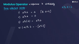 Modulus Operator ->
importance
is
divisibility
2%8 =
2
Some impant pants:
i) aYob =
a [it a<b>
2) Goa
=
0
3) aY)-b) =
aYob
4) (- a)%b =
-
(a%b]
 