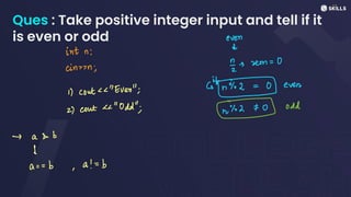 Ques : Take positive integer input and tell if it
is even or odd even
d
int ni
cinn; Is rm
=
0
it
1) Cont "Even"; C
it
=
0 even
2) Cont "Odd"; FO odd
-> a&b
d
a =
=
b,a! =
b
 