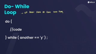 Do- While
Loop
do {
//code
} while ( another == 'y' ) ;
-eK baar kam se kam zun kane
 