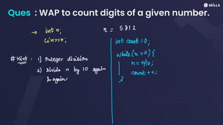 Ques : WAP to count digits of a given number.
-> intn; n =
5812
ein; int count =
0;
While (n>0) E
-
#Hint:1)
Integer division
I
n
=
n/10;
-
2) Divide in
by 10
again I count+t;
& again 3
 