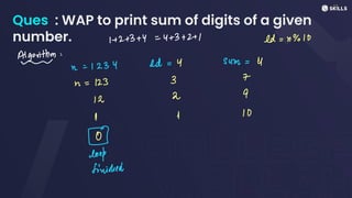 Ques : WAP to print sum of digits of a given
number. 1 +
2+
3 +
y
=
4 +
3 +
2+
1 ed =
n%10
Algorithm:
e
n =
1234 ed =
Y Sum= 4
n = 123 3 7
12
2 9
I 1 10
⑧
look
finished
 