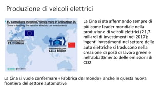 Produzione di veicoli elettrici
La Cina si sta affermando sempre di
più come leader mondiale nella
produzione di veicoli elettrici (21,7
miliardi di investimenti nel 2017):
ingenti investimenti nel settore delle
auto elettriche si traducono nella
creazione di posti di lavoro green e
nell’abbattimento delle emissioni di
CO2
La Cina si vuole confermare «Fabbrica del mondo» anche in questa nuova
frontiera del settore automotive
 