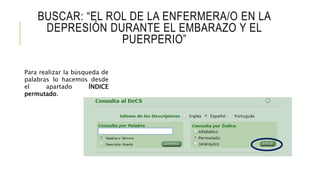 BUSCAR: “EL ROL DE LA ENFERMERA/O EN LA
DEPRESIÓN DURANTE EL EMBARAZO Y EL
PUERPERIO”
Para realizar la búsqueda de
palabras lo hacemos desde
el apartado ÍNDICE
permutado.
 