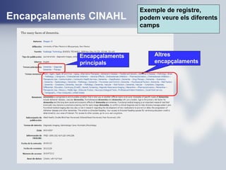 Encapçalaments CINAHL
Encapçalaments
principals
Exemple de registre,
podem veure els diferents
camps
Altres
encapçalaments
 