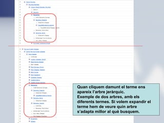 Quan cliquem damunt el terme ens
apareix l’arbre jeràrquic.
Exemple de dos arbres, amb els
diferents termes. Si volem expandir el
terme hem de veure quin arbre
s’adapta millor al què busquem.
 