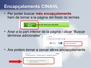Encapçalaments CINAHL
• Per poder buscar més encapçalaments
hem de tornar a la pàgina del llistat de termes
• Anar a la part inferior de la pàgina i clicar “Buscar
términos adicionales”
• Ara podem tornar a cercar altres encapçalaments
 
