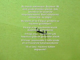 Bu mesajı saklamayın. Bu tılsım, 96 saat içinde elinizden çıkmalı. Çok sevindirici bir sürprizle karşılaşacaksınız. Batıl inançlarınız olmasa bile, bu doğru. Bu tılsımı en az 5 kişiye gönderin ve hayatınız güzelleşsin; 0-4 kişi arası: hayatınızda küçük düzelmeler göreceksiniz 5-9 kişi arası: hayatınızda çok hoşunuza gidecek gelişmeler olacak 9-14  kişi :  önümüzdeki 3 hafta içinde en az 5 sürprizle karşılaşacaksınız 15 ve üstü: hayatınız kökten değişecek!! 