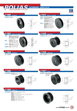 7010
PRODUTO                                OEM
                                           0.001.223.010 12V - 2,3 Kw - EV

                                                       Nº CINAP
                                                                                                          POLIAS                                                                       ALTERNADOR - medidas em mm


INDUZIDO                               6.033.AD1.059   1602
                                                                                                          1180                                                                                                                         1181
                                                                                            1602
JOGO DE BUCHAS (Bronzes)               -               3602                                                                    9.123.080.009                                                                                                              404.001 - 9.121.450.488
                                                                             3602
MANCAL DIANTEIRO (Acionamento)         F.000.AL1.137   5622                                               CHEVROLET Corsa 1.0.                                                                                                         BOBCAT Mini Pá-Carregadeira.
MANCAL TRAZEIRO (Coletor)              6.033.AD0.016   5412                                                                                                                                                  6,8                       CLARK     Empilhadeira CFY20, CFY25                                                 8,9

ENGRENAGEM/PLANETÁRIA                  6.033.AD0.053   3302                                                                                                                                                                                      todos c/ motor Perkins 6cil.
                                                                                                                                                                                                                                                 Empilhadeira CHY100, CHY120,
                                                                                                                                                                                                                                                                                                                                    3
CARCAÇA (Completa)                     -               3773                                                                                                                                                                   Ø1
                                                                                                                                                                                                                                   7             CHY140, CHY60, CHY70, CHY80.
PORTA-ESCOVAS                          6.003.AD0.368   3102                 3102                                                                                                                                                       WILLYS    Aero Willys a partir de 73.




                                                                                                                                                                                                                                                                                              Ø74
                                                                                                                                                                                   Ø67
                                                                                                                                                                                                                                                 Itamaraty a partir de 73.




                                                                                                                                                                                                                                                                                                                           7
                                                                                                                                                                                                                                                                                                                      Ø1
                                                                                                                                                                                                                                                 Jeep a partir de 08/73 6cil.
FORD                                                                                                                                                                                                                                             Pick-up a partir de 08/73 6cil.
F 250 Motor 6.07 TCA.                                                                                                                                                                                                                            Rural a partir de 08/73 6cil.                                 13
                                                                                                                                                                                                 10
Prestolite: 352.59.890                                                              5622



                                                                                                          1182                 404.006 - 9.121.450.487                                                                                 1183               F.00M.991.029

                                                                                                          CLARK       Motores N, NT, NTA, NTTA855.                                                                                     VOLKSWAGEN    Gol 1000, Santana 16V .
                                                                                                                      Pá-carregadeira Michigan                                                            14,8
                                                                                                                      65R, 75A, 75II, 75III, todos c/
                                                                                                                      Alternador Wapsa.                                                                                                                                                                       14,5

                         3302                                                                             FORD        Caminhão F11000, F12000,                                                                                     3
                                                                                                                      F13000, F600, F750, F750D,                                                                                                                                                                                       7
                                                                                                                                                                                                                                                                                                                                  Ø1




                                                                                                                                                                                   Ø93,5
                                                                                                                      todos c/ motor Perkins 4 e 6cil.




                                                                                                                                                                                                                                                                                     Ø48
                                                                                                                                                                                                                      7
                                                                                                                                                                                                                  Ø1
                                                                                                          HYSTER      Empilhadeira 110J, 130J, 150J,
                                                                                                   5412               todos c/ motor Perkins 4236.
                                                                  3773                                    PERKINS Todos c/ alternador Wapsa.                                                          13                                                                                            21




                                                                                                          1184                 9.120.080.184                                                                                           1185               F.00M.991.101

                                                                                                          FORD Caminhões.                                                                                                              FORD Caminhão F250 3.9 90A - 1999.




7505
                                                                                                                                                                                                      9
                                                                                                                                                                                                                                                                                                                9



                                           0.001.223.505 12V - 2,6 Kw - EV                                                                                                                                                    Ø1
                                                                                                                                                                                                                                   7
                                                                                                                                                                                                                                                                                                                                      7
                                                                                                                                                                                                                                                                                                                                  Ø1




                                                                                                                                                                             Ø76




                                                                                                                                                                                                                                                                                            Ø69
PRODUTO                                OE
                                       OEM             Nº CINAP
INDUZIDO                               6.033.AD1.059   1603
                                                                                                                                                                                                21                                                                                                       21
JOGO DE BUCHAS (Bronzes)               -               3603                3603                   1603
MANCAL DIANTEIRO (Acionamento)         F.000.AL1.138   5603

                                                                                                          1186                                                                                                                         1187
MANCAL TRAZEIRO (Coletor)              6.033.AD0.095   5413
ENGRENAGEM/PLANETÁRIA                  6.033.AD0.108   3303                                                                                                                                                                                               5.937.14

CARCAÇA (Completa)                     -               3765/1                                             VOLKSWAGEN Caminhões 16270, 14170, 14210                                                                                     CHEVROLET Astra, Corsa, Vectra
                                                                                                                     c/ motores Cummins.                                                                                                         c/ Alternador
PORTA-ESCOVAS                          6.033.AD0.409   3103                                                                                                                                                  6,4                                 Valeo 100A.
                                                                                                                                                                                                                                                                                                                     8,5
FORD                                                                                                                                                                                                                      4
                                                                                                                                                                                                                                                                                                                                    7
F 250 Motor Cummins 4BTAA.                                                                                                                                                                                                                                                                                                        Ø1




                                                                                                                                                                       Ø58




                                                                                                                                                                                                                                                                                    Ø49
F 350 Motor Cummins 4BTAA.                                                                                                                                                                                        7
                                                                                                                                                                                                             Ø1
F 4000 Motor Cummins 4BTAA.
                        AA.                                                3103

                                                                                                                                                                                           28                                                                                                       21
                                                                                           5413



                                3303                                                                      1188                 F.00M.LD1.313

                                                                                                          VOLKSWAGEM Gol II 1.0i, 1.6i, 1.6 Mi, 2.0 Mi, 2.0 Mi 16V.
                                                                                                                     Logus 1.6i, 1.8, 1.8i, 2.0 Mi.
                                                                                                                     Parati II 1.6i, 1.6 Mi, 1.8i, 1.8 Mi, 1.9 D, 2.0i, 2.0 Mi, 2.0 Mi 16V.                                                                                                                          3,6

                                                                                                                     Pointer 1.8, 1.8i, 2.0, 2.0 Mi.
                                                                                                                     Quantum 1.8, 1.8i, 1.8 Mi, 2.0i, 2.0 Mi.                                                                                                                                                                     Ø1
                                                                                                                                                                                                                                                                                                                                    7
                                                                                                                     Santana 1.8, 1.8i, 1.8 Mi, 2.0i, 2.0 Mi.




                                                                                                                                                                                                                                                                                      Ø57
                                                                                                                     Saveiro II 1.6 Mi, 1.8 Mi, 2.0 M.
                                                                                                                     Saveiro III 1.6 Mi, 1.8 Mi, 1.9 D, 2.0 MI.


                                                                  3765/1                                                                                                                                                                                                                             21
                                                                                             5603


  1                                                                                                                                                                                                                                                                                                                              10
 