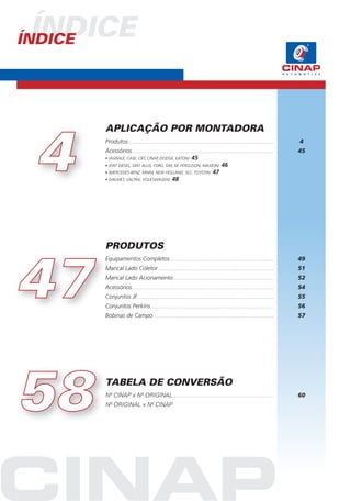 ÍNDICE
ÍNDICE




  4
         APLICAÇÃO POR MONTADORA
         Produtos................................................................................   4
         Acessórios..............................................................................   45
         • (AGRALE, CASE, CBT, CINAP, DODGE, EATON) 45
         • (FIAT DIESEL, DIAT ALLIS, FORD, GM, M. FERGUSON, MAXION) 46
         • (MERCEDES-BENZ, MWM, NEW HOLLAND, SLC, TOYOTA) 47
         • (VALMET, VALTRA, VOLKSWAGEN) 48




         P
         PRODUTOS




47
         Eq
         Equipamentos Completos.........................................................            49
         M
         Mancal Lado Coletor................................................................        51
         M
         Mancal Lado Acionamento.......................................................             52
         Ac
         Acessórios..............................................................................   54
         Co
         Conjuntos JF...........................................................................    55
         Co
         Conjuntos Perkins....................................................................      56
         Bo
         Bobinas de Campo...................................................................        57




58       T
         TABELA DE CONVERSÃO
         N
         Nº CINAP x Nº ORIGINAL........................................................
         Nº ORIGINAL x Nº CINAP
         N
                                                                                                    60
 
