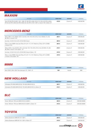 MAXION
                                                 APLICAÇÃO                                                 CÓDIGO CINAP   ACESSÓRIO        Nº ORIGINAL

Trator MF 265 (PER-AD 4203) (11/83 - 12/86), MF 290 (PER-A 4248), MF 86, 275, 275/4, 292 (PER-A 4236) e      6101/5       Conjunto JF    9.000.083.058
MF 65r, 65x (PER-A 4203), 85x (PER-A 4248), 50x, 55x (PER-A 3152) (11/83 ) c/ mancal C1301 e Bobina 12V.




MERCEDES-BENZ
                                                 APLICAÇÃO                                                 CÓDIGO CINAP   ACESSÓRIO        Nº ORIGINAL

Ônibus O364 c/ motor OM352 e 352 A, Caminhão 1316, 1516, 2016, 2216 c/ motor OM352A, 314, 352,               6001/1       Conjunto JF    9.000.083.054
364, 364 A c/ mancal C1316.

Caminhão L 610 (M 314-O), 2215, 2216 (M 352-O) álcool.                                                       6001/2       Conjunto JF    9.000.083.053

Ônibus c/ motor M366G chassi para Ônibus OF e OH 1115, 1315, Plataforma e Ônibus O371U OM366                 6001/4       Conjunto JF    9.000.083.065
c/ mancal C1316.

Ônibus O 364 c/ motor OM 352 e 352 A, Caminhão 1316, 1516, 2016, 2216 c/ motor OM 352A, 314, 352,            6101/1       Conjunto JF    9.000.083.054
364, 364A c/ mancal C1316 e Bobina - 12V.

Caminhão L 610 (M 314-O), 2215, 2216 (M 352-O) álcool e Bobina - 12V.                                        6101/2       Conjunto JF    9.000.083.053

Ônibus c/ motor M366G chassi para Ônibus OF e OH 1115, 1315, Plataforma e Ônibus O371U OM366                 6101/4       Conjunto JF    9.000.083.065
c/ mancal C1316 e bobina - 24V.




MWM
                                                 APLICAÇÃO                                                 CÓDIGO CINAP   ACESSÓRIO        Nº ORIGINAL

Motor D229-3, 229-4, 229-6. Para embarcação (12V - 3,0kW - JF).                                               1420         Induzido           6080




NEW HOLLAND
                                                 APLICAÇÃO                                                 CÓDIGO CINAP   ACESSÓRIO        Nº ORIGINAL

Colheitadeira FNH 8040 (MBB-OM 352), FNH 8255 (MBB-OM 352 A).                                                6001/1       Conjunto JF    9.000.083.054

Colheitadeira FNH 8040 (MBB-OM 352), FNH 8255 (MBB-OM 352 A) e Bobina 12V.                                   6101/1       Conjunto JF    9.000.083.054




SLC
                                                 APLICAÇÃO                                                 CÓDIGO CINAP   ACESSÓRIO        Nº ORIGINAL

Tratores 7000 série 7700 turbo (MBB-OM 352 A) (02/84 ).                                                      6001/3       Conjunto JF   9.000.083.036/056

Tratores 7000 série 7700 turbo (MBB-OM 352 A) (02/84 ) e Bobina 12V.                                         6101/3       Conjunto JF   9.000.083.036/056




TOYOTA
                                                 APLICAÇÃO                                                 CÓDIGO CINAP   ACESSÓRIO        Nº ORIGINAL

Utilitários Bandeirante (MBB-OM 314) (11/83 ).                                                               6001/2       Conjunto JF    9.000.083.053

Utilitários Bandeirante (MBB-OM 314) (11/83 ) e Bobina 12V.                                                  6101/2       Conjunto JF    9.000.083.053



                                                                                                                                            47
 