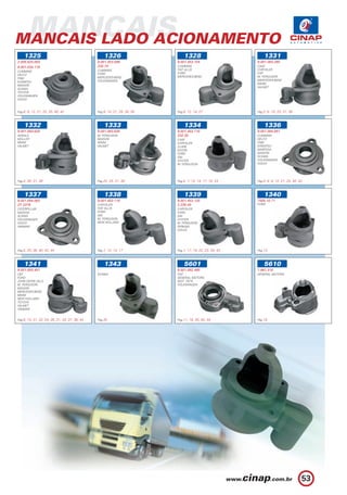 MANCAIS
MANCAIS LADO ACIONAMENTO
    1325                                            1326                        1328                            1331
2.005.825.083                                   9.001.453.586               9.001.453.704                   9.001.083.260
9.001.034.119                                   232.70                      CUMMINS                         CASE
                                                CUMMINS                     FIAT ALLIS                      CHRYSLER
CUMMINS
                                                FORD                        FORD                            FIAT
DEUTZ
                                                MERCEDES-BENZ               MERCEDES-BENZ                   M. FERGUSON
FNM
                                                VOLKSWAGEN                                                  MERCEDES-BENZ
KOMATSU
                                                                                                            MWM
MAXION
                                                                                                            VALMET
SCANIA
TOYOTA
VOLKSWAGEN
VOLVO



Pag.8, 9, 12, 21, 25, 35, 40, 42                Pag.9, 14, 21, 29, 34, 39   Pag.8, 12, 14, 27               Pag.5, 6, 10, 23, 31, 38



    1332                                            1333                        1334                            1336
9.001.083.620                                   9.001.083.630               9.001.453.110                   9.001.084.081
AGRALE                                          M. FERGUSON                 232.35                          CUMMINS
MÜLLER                                          MAXION                      CASE                            DEUTZ
MWM                                             MWM                         CHRYSLER                        FNM
VALMET                                          VALMET                      CLARK                           KOMATSU
                                                                            EATON                           MARFESA
                                                                            FORD                            MAXION
                                                                            GM                              SCANIA
                                                                            HYSTER                          VOLKSWAGEN
                                                                            M. FERGUSON                     VOLVO




Pag.4, 30, 31, 38                               Pag.22, 25, 31, 38          Pag.5, 7, 10, 14, 17, 18, 23    Pag.4, 8, 9, 12, 21, 25, 40, 42



    1337                                            1338                        1339                            1340
9.001.084.062                                   9.001.453.118               9.001.453.120                   7505.10.71
2Y 2376                                         CHRYSLER                    2.230.45                        FORD
CATERPILLAR                                     FIAT ALLIS                  CHRYSLER
MAXION                                          FORD                        FORD
SCANIA                                          GM                          GM
VOLKSWAGEN                                      M. FERGUSON                 HYSTER
VOLVO                                           NEW HOLLAND                 M. FERGUSON
YANMAR                                                                      PERKINS
                                                                            VOLVO




Pag.5, 25, 36, 40, 42, 44                       Pag.7, 12, 14, 17           Pag.7, 17, 19, 22, 23, 34, 43   Pag.13



    1341                                            1343                        5601                            5610
9.001.083.481                                   -                           9.001.082.480                   1.967.315
CBT                                             SCANIA                      FIAT                            GENERAL MOTORS
FORD                                                                        GENERAL MOTORS
JOHN DEERE (SLC)                                                            MOT. TIETE
M. FERGUSON                                                                 VOLKSWAGEN
MAXION
MERCEDES-BENZ
MWM
NEW HOLLAND
TOYOTA
VALMET
YANMAR


Pag.6, 14, 21, 22, 24, 26, 31, 33, 37, 38, 44   Pag.35                      Pag.11, 18, 30, 40, 44          Pag.18




                                                                                                                                          53
 