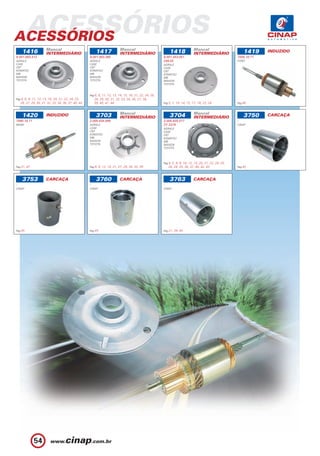 ACESSÓRIOS
ACESSÓRIOS
                       Mancal                                              Mancal                                               Mancal
     1416              INTERMEDIÁRIO                      1417             INTERMEDIÁRIO                     1418               INTERMEDIÁRIO                  1419     INDUZIDO
9.001.083.413                                        9.001.083.395                                       9.001.453.051                                     7505.10.71
AGRALE                                               AGRALE                                              248.02                                            FORD
CASE                                                 CASE                                                AGRALE
CBT                                                  CBT                                                 CASE
KOMATSU                                              KOMATSU                                             CBT
MB                                                   MB                                                  KOMATSU
MAXION                                               MAXION                                              MB
TOYOTA                                               TOYOTA                                              MAXION
                                                                                                         TOYOTA



                                                     Pag.6, 8, 11, 12, 13, 14, 15, 18, 21, 22, 24, 26,
Pag.4, 6, 8, 11, 12, 13, 16, 20, 21, 22, 24, 25,         28, 29, 30, 31, 32, 33, 34, 36, 37, 38,
    26, 27, 29, 30, 31, 32, 33, 34, 36, 37, 40, 44       39, 40, 41, 44                                  Pag.5, 7, 10, 14, 15, 17, 18, 23, 24              Pag.46


                                                                           Mancal                                              Mancal
     1420              INDUZIDO                           3703             INTERMEDIÁRIO                     3704              INTERMEDIÁRIO                   3750     CARCAÇA
7080.10.71                                           2.005.834.599                                       2.005.825.077                                     -
MWM                                                  AGRALE                                              2Y 2379                                           CINAP
                                                     CASE                                                AGRALE
                                                     CBT                                                 CASE
                                                     KOMATSU                                             CBT
                                                     MB                                                  KOMATSU
                                                     MAXION                                              MB
                                                     TOYOTA                                              MAXION
                                                                                                         TOYOTA




                                                                                                         Pag.4, 5, 8, 9, 10, 12, 13, 20, 21, 22, 24, 25,
Pag.31, 47                                           Pag.8, 9, 12, 14, 21, 27, 29, 34, 35, 39                26, 28, 35, 36, 37, 40, 42, 43                Pag.45



     3753             CARCAÇA                             3760             CARCAÇA                           3763              CARCAÇA
-                                                    -                                                   -
CINAP                                                CINAP                                               CINAP




Pag.45                                               Pag.45                                              Pag.21, 34, 45




             54
 