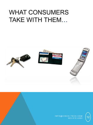 WHAT CONSUMERS
TAKE WITH THEM…




           INFO@CINCH-TECH.COM
                    303.619.4493   12
 