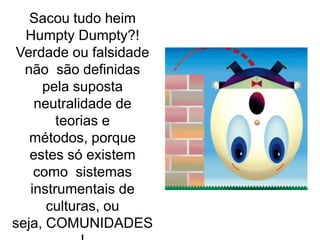 Sacou tudo heim
Humpty Dumpty?!
Verdade ou falsidade
não são definidas
pela suposta
neutralidade de
teorias e
métodos, porque
estes só existem
como sistemas
instrumentais de
culturas, ou
seja, COMUNIDADES

 