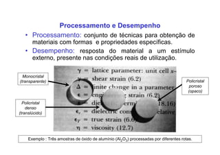 Processamento e Desempenho
• Processamento: conjunto de técnicas para obtenção de
materiais com formas e propriedades específicas.
• Desempenho: resposta do material a um estímulo
externo, presente nas condições reais de utilização.
Exemplo : Três amostras de óxido de alumínio (Al2O3) processadas por diferentes rotas.
Monocristal
(transparente)
Policristal
denso
(translúcido)
Policristal
poroso
(opaco)
 