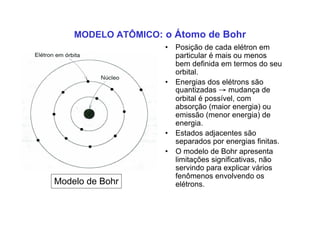 MODELO ATÔMICO: o Átomo de Bohr
• Posição de cada elétron em
particular é mais ou menos
bem definida em termos do seu
orbital.
• Energias dos elétrons são
quantizadas → mudança de
orbital é possível, com
absorção (maior energia) ou
emissão (menor energia) de
energia.
• Estados adjacentes são
separados por energias finitas.
• O modelo de Bohr apresenta
limitações significativas, não
servindo para explicar vários
fenômenos envolvendo os
elétrons.Modelo de Bohr
 
