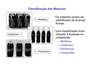 Classificação dos Materiais
Cerâmicos →
← Metálicos
← Poliméricos
• Os materiais podem ser
classificados de diversas
formas.
• Uma classificação muito
utilizada, é baseada na
composição:
– Metálicos
– Cerâmicos
– Poliméricos
– Compósitos
 