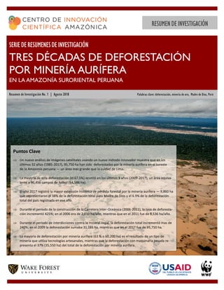 SERIEDERESUMENESDEINVESTIGACIÓN
TRES DÉCADAS DE DEFORESTACIÓN
POR MINERÍA AURÍFERA
EN LA AMAZONÍA SURORIENTAL PERUANA
Resumen de Investigación No. 1 | Agosto 2018 Palabras clave: deforestación, minería de oro, Madre de Dios, Perú
RESUMENDEINVESTIGACIÓN
Puntos Clave
 Un nuevo análisis de imágenes satelitales usando un nuevo método innovador muestra que en los
últimos 32 años (1985-2017), 95,750 ha han sido deforestadas por la minería aurífera en el sureste
de la Amazonia peruana — un área mas grande que la cuidad de Lima.
 La mayoría de esta deforestación (el 67.5%) ocurrió en los últimos 8 años (2009-2017), un área equiva-
lente a 90,456 campos de fútbol (64,586 ha).
 El año 2017 registró la mayor extensión histórica de pérdida forestal por la minería aurífera — 9,860 ha
que representaron el 38% de la deforestación total para Madre de Dios y el 6.9% de la deforestación
total del país registrada en ese año.
 Durante el periodo de la construcción de la Carretera Inter-Oceánica (2006-2011), la tasa de deforesta-
ción incrementó 425%; en el 2006 era de 2,010 ha/año, mientras que en el 2011 fue de 8,536 ha/año.
 Durante el periodo de interdicciones contra la mineral ilegal, la deforestación total incrementó mas de
240%; en el 2009 la deforestación sumaba 31,165 ha, mientras que en el 2017 fue de 95,750 ha.
 La mayoría de deforestación por minería aurífera (63 % o 60,200 ha) es el resultado de un tipo de
minería que utiliza tecnologías artesanales, mientras que la deforestación con maquinaria pesada re-
presenta el 37% (35,550 ha) del total de la deforestación por minería aurífera.
 