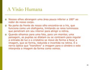 39
 Nossos olhos abrangem uma área pouco inferior a 180° ao
redor do nosso corpo.
 Na parte da frente de nosso olho encontra-se a íris, que
funciona como um diafrgama, limitando os raios luminosos
que penetram em seu interior para atingir a retina.
 Quando olhamos para uma foto, para um monitor, uma
paisagem, as pupilas se dilatam ou se contraem para regular
a entrada de luz e o cristalino se move de forma a focar a
imagem, que se forma, reduzida e invertida na retina. É o
nervo óptico que “transfere” a imagem para o cérebro e este
interpreta a imagem da forma como vemos.
A Visão Humana
 