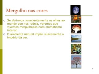 4
Mergulho nas cores
 Se abrirmos conscientemente os olhos ao
mundo que nos rodeia, veremos que
vivemos mergulhados num cromatismo
intenso.
 O ambiente natural impõe suavemente o
império da cor.
 