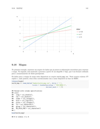 9.18. MAPAS 141
-10
-5
0
5
10
-6 -3 0 3 6
x
y
colour
a = 0.5
a = 1
a = 2
9.18 Mapas
No primeiro exemplo, usaremos um arquivo de dados que já possui as informações necessárias para criarmos
o mapa. No segundo, será mostrado o processo a partir de um shapefile (*.shp), que é um formato utilizado
para o armazenamento de dados geoespaciais.
Os dados para a criação do mapa estão disponíveis no arquivo world_map.csv. Neste arquivo existem 177
regiões e, onde possível, estas estão correlacionadas com o nome disponível na base do MDIC.
library(readr)
world_map <- read_delim('dados/world_map.csv', delim = ";",
locale = locale(encoding = "ISO-8859-1",
decimal_mark = ","))
## Parsed with column specification:
## cols(
## long = col_double(),
## lat = col_double(),
## order = col_integer(),
## hole = col_logical(),
## piece = col_integer(),
## id = col_character(),
## group = col_character(),
## NO_PAIS_POR = col_character()
## )
head(world_map)
## # A tibble: 6 x 8
 