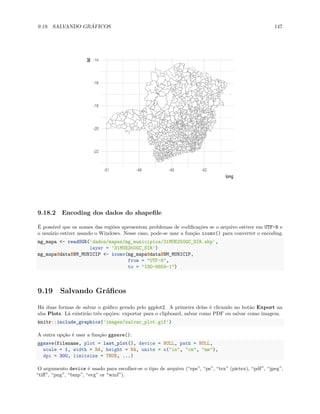 9.19. SALVANDO GRÁFICOS 147
-22
-20
-18
-16
-14
-51 -48 -45 -42
long
lat
9.18.2 Encoding dos dados do shapefile
É possível que os nomes das regiões apresentem problemas de codificações se o arquivo estiver em UTF-8 e
o usuário estiver usando o Windows. Nesse caso, pode-se usar a função iconv() para converter o encoding.
mg_mapa <- readOGR('dados/mapas/mg_municipios/31MUE250GC_SIR.shp',
layer = '31MUE250GC_SIR')
mg_mapa@data$NM_MUNICIP <- iconv(mg_mapa@data$NM_MUNICIP,
from = "UTF-8",
to = "ISO-8859-1")
9.19 Salvando Gráficos
Há duas formas de salvar o gráfico gerado pelo ggplot2. A primeira delas é clicando no botão Export na
aba Plots. Lá existirão três opções: exportar para o clipboard, salvar como PDF ou salvar como imagem.
knitr::include_graphics('images/salvar_plot.gif')
A outra opção é usar a função ggsave():
ggsave(filename, plot = last_plot(), device = NULL, path = NULL,
scale = 1, width = NA, height = NA, units = c("in", "cm", "mm"),
dpi = 300, limitsize = TRUE, ...)
O argumento device é usado para escolher-se o tipo de arquivo (“eps”, “ps”, “tex” (pictex), “pdf”, “jpeg”,
“tiff”, “png”, “bmp”, “svg” or “wmf”).
 