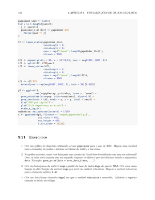 150 CAPÍTULO 9. VISUALIZAÇÕES DE DADOS (GGPLOT2)
gapminder_list <- list()
for(i in 1:length(years)){
j <- years[i]
gapminder_list[[i]] <- gapminder %>%
filter(year == j)
}
tf <- tween_states(gapminder_list,
tweenlength = 2,
statelength = 0,
ease = rep("linear", length(gapminder_list)),
nframes = 308)
tf2 <- expand.grid(y = 80, x = 10^(2.5), year = seq(1957, 2007, 5))
tf2 <- split(tf2, tf2$year)
tf2 <- tween_states(tf2,
tweenlength = 2,
statelength = 0,
ease = rep("linear", length(tf2)),
nframes = 308)
tf2 <- tf2 %>%
mutate(year = rep(seq(1957, 2007, 5), each = 29)[1:310])
p2 <- ggplot(tf,
aes(x=gdpPercap, y=lifeExp, frame = .frame)) +
geom_point(aes(size=pop, color=continent), alpha=0.8) +
geom_text(data = tf2, aes(x = x, y = y, label = year)) +
xlab("GDP per capita") +
ylab("Life expectancy at birth") +
scale_x_log10()
animation::ani.options(interval = 1/20)
x <- gganimate(p2, filename = 'images/gapminder2.gif',
ani.width = 750,
ani.height = 450,
title_frame = FALSE)
9.21 Exercícios
1. Crie um gráfico de dispersão utilizando a base gapminder para o ano de 2007. Mapeie uma variável
para o tamanho do ponto e adicione os títulos do gráfico e dos eixos.
2. No gráfico anterior, como você faria para que o ponto do Brasil fosse identificado com uma cor adicional?
Dica: se uma nova camada usar um segundo conjunto de dados é preciso informar usando o argumento
data. Exemplo: geom_point(data = novo_data_frame, ...).
3. Crie um histograma da variável wage a partir da base de dados Wage do pacote ISLR. Crie uma visua-
lização da distribuição da variável wage por nível da variável education. Mapeie a variável education
para o elemento estético fill.
4. Crie um data.frame chamado Wage2 em que a variável education é removida. Adicione a seguinte
camada no início do código:
 