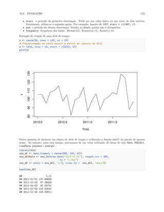 10.3. DYGRAPHS 155
• start: o período da primeira observação. Pode ser um valor único ou um vetor de dois inteiros.
Geralmente, utiliza-se a segunda opção. Por exemplo, Janeiro de 1997: start = c(1997, 1);
• end: o período da última observação. Similar ao start, porém não é obrigatório;
• frequency: frequência dos dados. Mensal(12), Trimestral (4), Anual(1) etc.
Exemplo de criação de uma série de tempo:
x <- rnorm(24, mean = 100, sd = 10)
# Trasnformando em série mensal a partir de janeiro de 2010
x <- ts(x, freq = 12, start = c(2010, 1))
plot(x)
Time
x
2010.0 2010.5 2011.0 2011.5
80
90
100
110
120
130
Outra maneira de declarar um objeto de série de tempo é utilizando a função xts() do pacote de mesmo
nome. No entanto, para essa função, precisamos de um vetor ordenado de datas do tipo Date, POSIXct,
timeDate, yearmon e yearqtr.
library(xts)
xts_df <- data.frame(y = rnorm(365, 100, 10))
xts_df$data <- seq.Date(as.Date("2011-01-01"), length.out = 365,
by = "1 day")
xts_df <- xts(x = xts_df[, "y"], order.by = xts_df[, "data"])
head(xts_df)
## [,1]
## 2011-01-01 107.49836
## 2011-01-02 87.29428
## 2011-01-03 95.35731
## 2011-01-04 103.82541
## 2011-01-05 108.83811
 