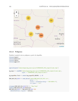 162 CAPÍTULO 10. VISUALIZAÇÕES INTERATIVAS
10.4.3 Polígonos
Também é possível criar-se polígonos a partir de shapefiles.
library(rgdal)
library(maptools)
library(rgeos)
library(ggplot2)
ogrListLayers('dados/mapas/mg_municipios/31MUE250GC_SIR_simplificado.shp')
mg_mapa <- readOGR('dados/mapas/mg_municipios/31MUE250GC_SIR_simplificado.shp',
layer = '31MUE250GC_SIR_simplificado')
mg_mapa$Mun.Trab <- substr(mg_mapa$CD_GEOCMU, 1, 6)
REM_RAIS_MG_2015 <- read_delim('dados/REM_RAIS_MG_2015.csv',
delim = ";",
locale = locale(encoding = "ISO-8859-1"),
col_types = 'cd')
colnames(REM_RAIS_MG_2015)[1] <- "Mun.Trab"
summary(REM_RAIS_MG_2015$mediana)
REM_RAIS_MG_2015 <- REM_RAIS_MG_2015 %>%
mutate(mediana.original = mediana,
 
