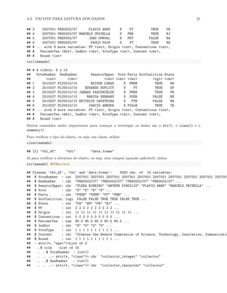 3.3. PACOTE PARA LEITURA DOS DADOS 21
## 3 2007001 PRS0002/07 FLAVIO ARNS N PT TRUE PR
## 4 2007001 PRS0002/07 MARCELO CRIVELLA S PRB TRUE RJ
## 5 2007001 PRS0002/07 JOAO DURVAL N PDT FALSE BA
## 6 2007001 PRS0002/07 PAULO PAIM S PT TRUE RS
## # ... with 8 more variables: FP <int>, Origin <int>, Contentious <int>,
## # PercentYes <dbl>, IndGov <chr>, VoteType <int>, Content <chr>,
## # Round <int>
tail(senado)
## # A tibble: 6 x 15
## VoteNumber SenNumber SenatorUpper Vote Party GovCoalition State
## <int> <chr> <chr> <chr> <chr> <lgl> <chr>
## 1 2010027 PLC0010/10 EDISON LOBAO S PMDB TRUE MA
## 2 2010027 PLC0010/10 EDUARDO SUPLICY S PT TRUE SP
## 3 2010027 PLC0010/10 JARBAS VASCONCELOS N PMDB TRUE PE
## 4 2010027 PLC0010/10 MARISA SERRANO S PSDB FALSE MS
## 5 2010027 PLC0010/10 EPITACIO CAFETEIRA S PTB FALSE MA
## 6 2010027 PLC0010/10 INACIO ARRUDA S PCdoB TRUE CE
## # ... with 8 more variables: FP <int>, Origin <int>, Contentious <int>,
## # PercentYes <dbl>, IndGov <chr>, VoteType <int>, Content <chr>,
## # Round <int>
Outros comandos muito importantes para começar a investigar os dados são o str(), o class() e o
summary().
Para verificar o tipo do objeto, ou seja, sua classe, utilize:
class(senado)
## [1] "tbl_df" "tbl" "data.frame"
Já para verificar a estrutura do objeto, ou seja, seus campos (quando aplicável), insira:
str(senado) #STRucture
## Classes 'tbl_df', 'tbl' and 'data.frame': 9262 obs. of 15 variables:
## $ VoteNumber : int 2007001 2007001 2007001 2007001 2007001 2007001 2007001 2007001 2007001 2007001
## $ SenNumber : chr "PRS0002/07" "PRS0002/07" "PRS0002/07" "PRS0002/07" ...
## $ SenatorUpper: chr "FLEXA RIBEIRO" "ARTHUR VIRGILIO" "FLAVIO ARNS" "MARCELO CRIVELLA" ...
## $ Vote : chr "S" "S" "N" "S" ...
## $ Party : chr "PSDB" "PSDB" "PT" "PRB" ...
## $ GovCoalition: logi FALSE FALSE TRUE TRUE FALSE TRUE ...
## $ State : chr "PA" "AM" "PR" "RJ" ...
## $ FP : int 2 2 2 2 2 2 2 2 2 2 ...
## $ Origin : int 11 11 11 11 11 11 11 11 11 11 ...
## $ Contentious : int 0 0 0 0 0 0 0 0 0 0 ...
## $ PercentYes : num 85.5 85.5 85.5 85.5 85.5 ...
## $ IndGov : chr "S" "S" "S" "S" ...
## $ VoteType : int 1 1 1 1 1 1 1 1 1 1 ...
## $ Content : chr "Creates the Senate Commission of Science, Technology, Innovation, Communicatio
## $ Round : int 1 1 1 1 1 1 1 1 1 1 ...
## - attr(*, "spec")=List of 2
## ..$ cols :List of 15
## .. ..$ VoteNumber : list()
## .. .. ..- attr(*, "class")= chr "collector_integer" "collector"
## .. ..$ SenNumber : list()
## .. .. ..- attr(*, "class")= chr "collector_character" "collector"
 