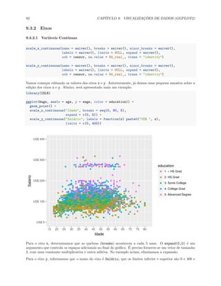 82 CAPÍTULO 9. VISUALIZAÇÕES DE DADOS (GGPLOT2)
9.3.2 Eixos
9.3.2.1 Variáveis Contínuas
scale_x_continuous(name = waiver(), breaks = waiver(), minor_breaks = waiver(),
labels = waiver(), limits = NULL, expand = waiver(),
oob = censor, na.value = NA_real_, trans = "identity")
scale_y_continuous(name = waiver(), breaks = waiver(), minor_breaks = waiver(),
labels = waiver(), limits = NULL, expand = waiver(),
oob = censor, na.value = NA_real_, trans = "identity")
Vamos começar editando os valores dos eixos x e y. Anteriormente, já demos uma pequena amostra sobre a
edição dos eixos x e y. Abaixo, será apresentado mais um exemplo:
library(ISLR)
ggplot(Wage, aes(x = age, y = wage, color = education)) +
geom_point() +
scale_x_continuous("Idade", breaks = seq(0, 80, 5),
expand = c(0, 5)) +
scale_y_continuous("Salário", labels = function(x) paste0("US$ ", x),
limits = c(0, 400))
US$ 0
US$ 100
US$ 200
US$ 300
US$ 400
15 20 25 30 35 40 45 50 55 60 65 70 75 80
Idade
Salário
education
1. < HS Grad
2. HS Grad
3. Some College
4. College Grad
5. Advanced Degree
Para o eixo x, determinamos que as quebras (breaks) acontecem a cada 5 anos. O expand(0,0) é um
argumento que controla os espaços adicionais no final do gráfico. É preciso fornecer-se um vetor de tamanho
2, com uma constante multiplicativa e outra aditiva. No exemplo acima, eliminamos a expansão.
Para o eixo y, informamos que o nome do eixo é Salário, que os limites inferior e superior são 0 e 400 e
 