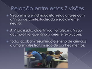  Visão elitista e individualista relaciona-se com
a Visão descontextualizada e socialmente
neutra;
 A Visão rígida, algorítmica, fortalece a Visão
acumulativa, que ignora crises e revoluções;
 Todas acabam resumindo o ensino de ciências
a uma simples transmissão de conhecimentos.
 