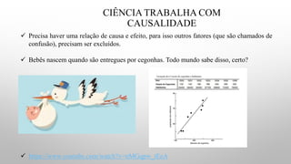CIÊNCIA TRABALHA COM
CAUSALIDADE
✓ Precisa haver uma relação de causa e efeito, para isso outros fatores (que são chamados de
confusão), precisam ser excluídos.
✓ Bebês nascem quando são entregues por cegonhas. Todo mundo sabe disso, certo?
✓ https://www.youtube.com/watch?v=nMGqpw_tEeA
 